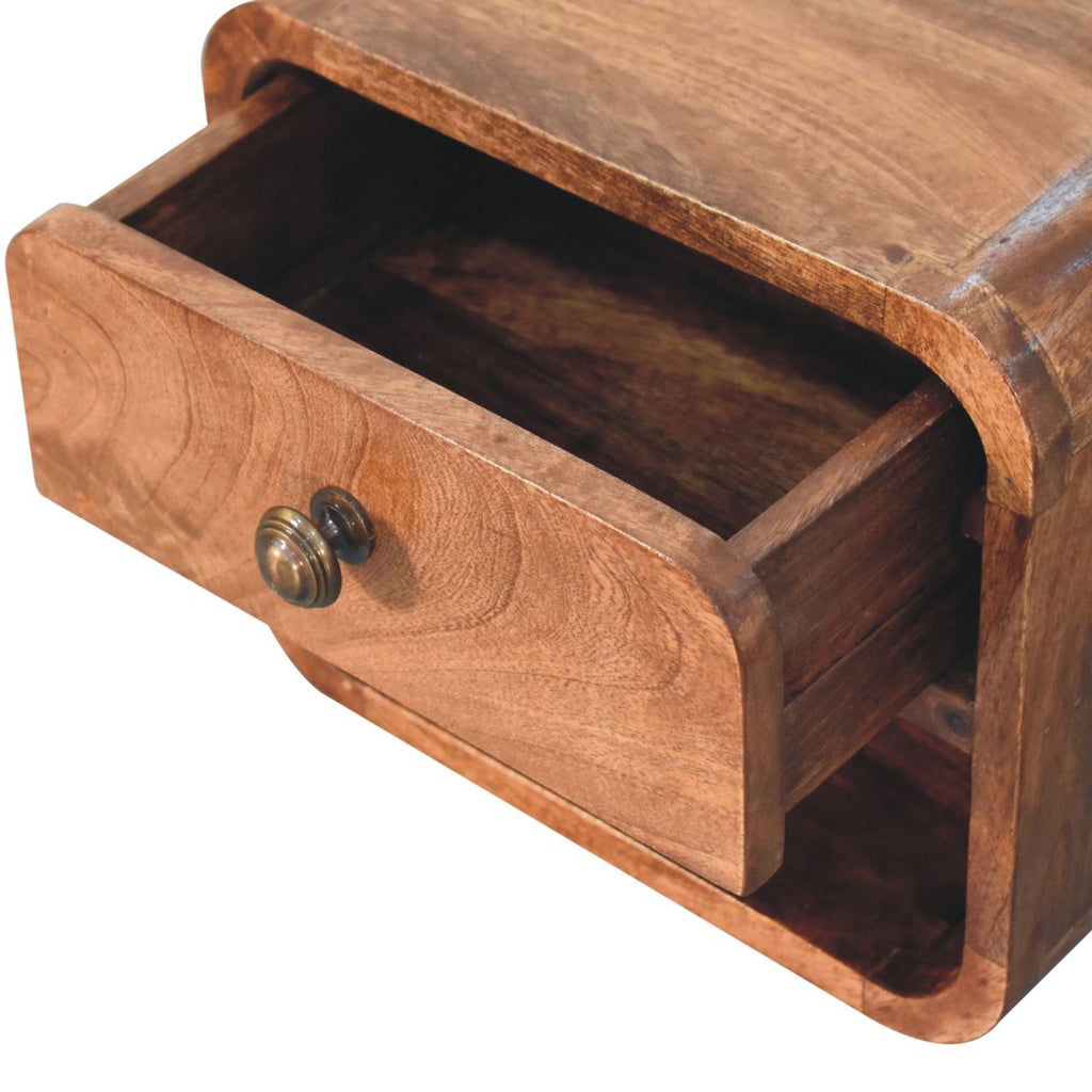 Space-Saving Solid Mango Wood Wall-mounted Nightstand – Honey Caramel Finish, 1 Drawer and Open Slot