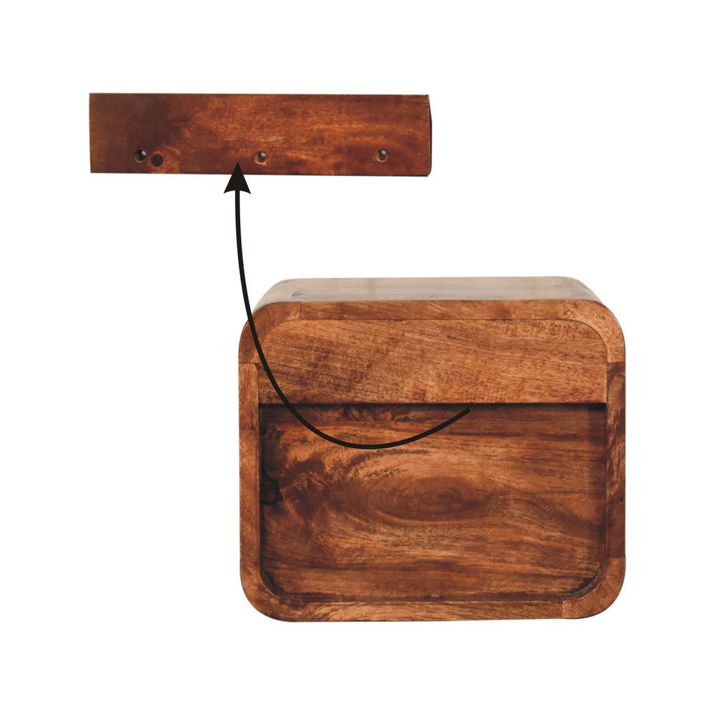 Space-Saving Solid Mango Wood Wall-mounted Nightstand – Honey Caramel Finish, 1 Drawer and Open Slot