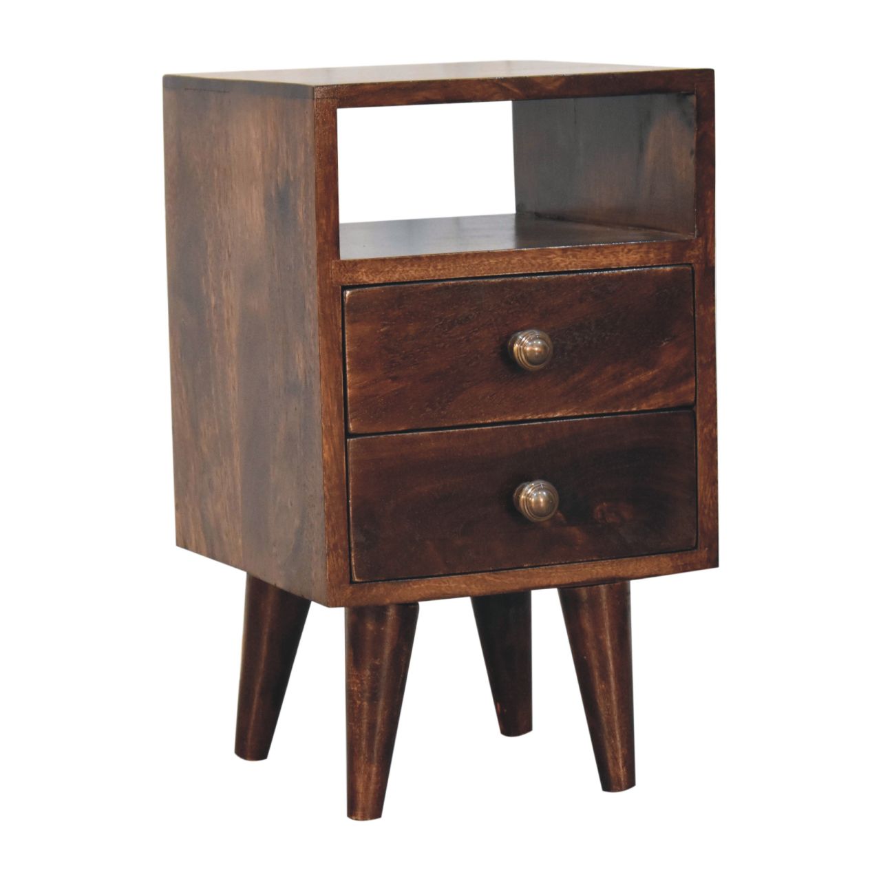 Compact Solid Mango Wood Bedside Table – Brown Finish, Brass Knobs