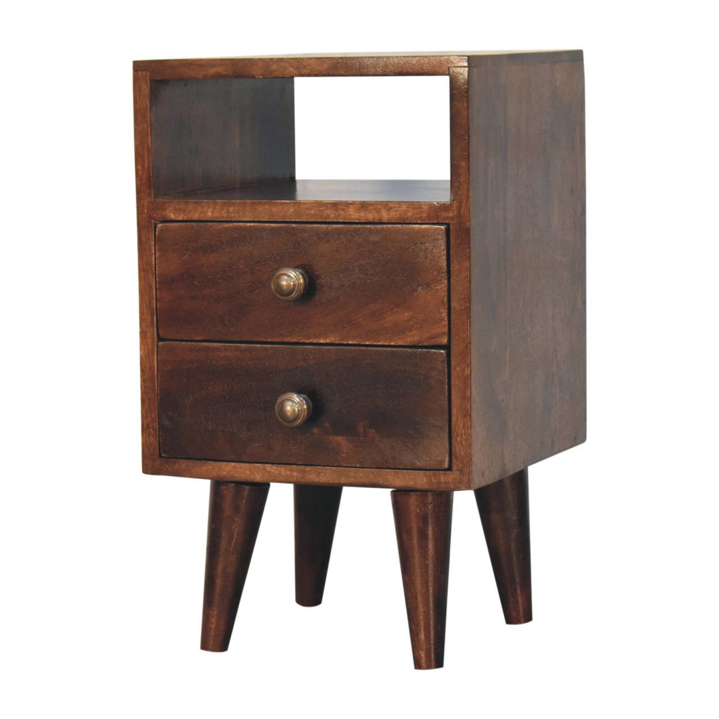 Compact Solid Mango Wood Bedside Table – Brown Finish, Brass Knobs