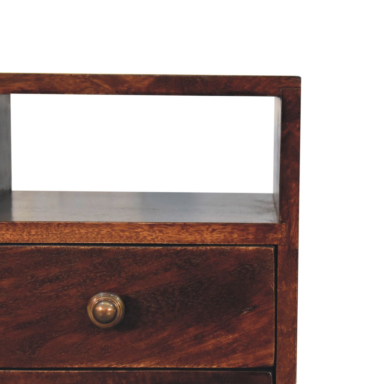 Compact Solid Mango Wood Bedside Table – Brown Finish, Brass Knobs
