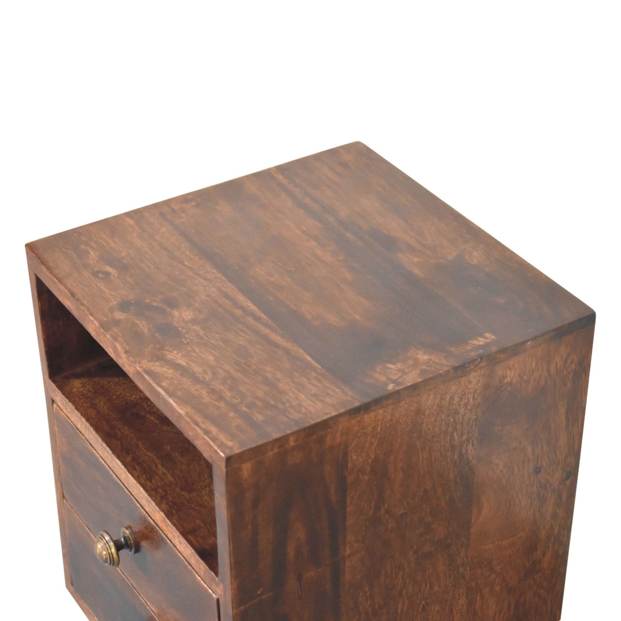 Compact Solid Mango Wood Bedside Table – Brown Finish, Brass Knobs