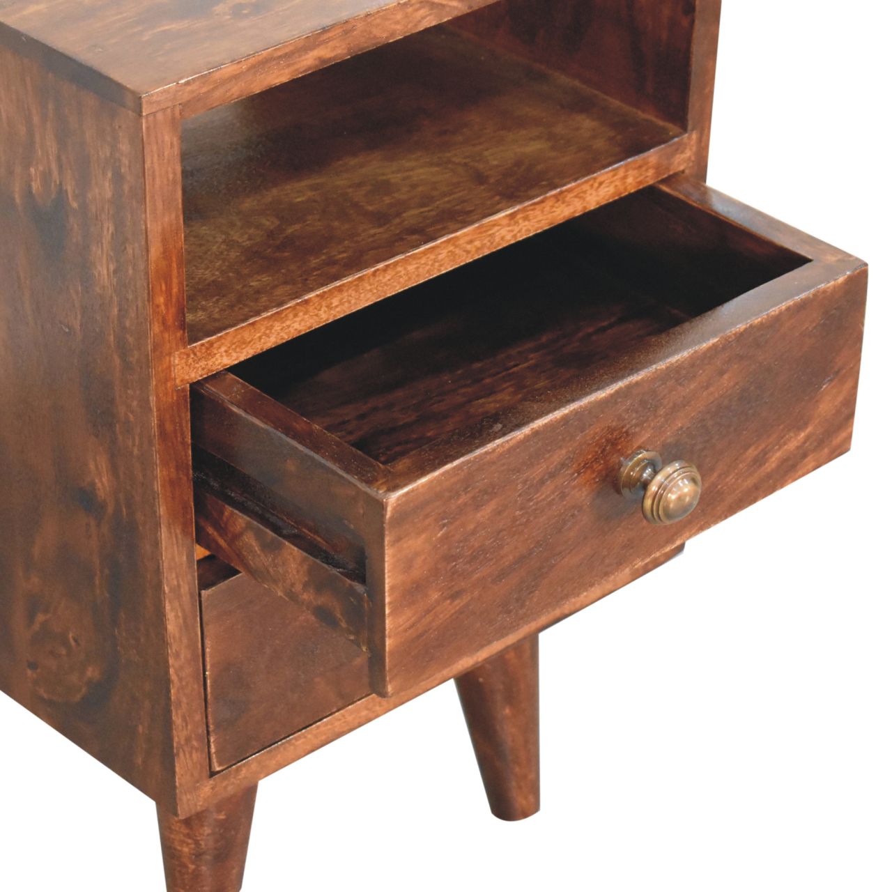 Compact Solid Mango Wood Bedside Table – Brown Finish, Brass Knobs
