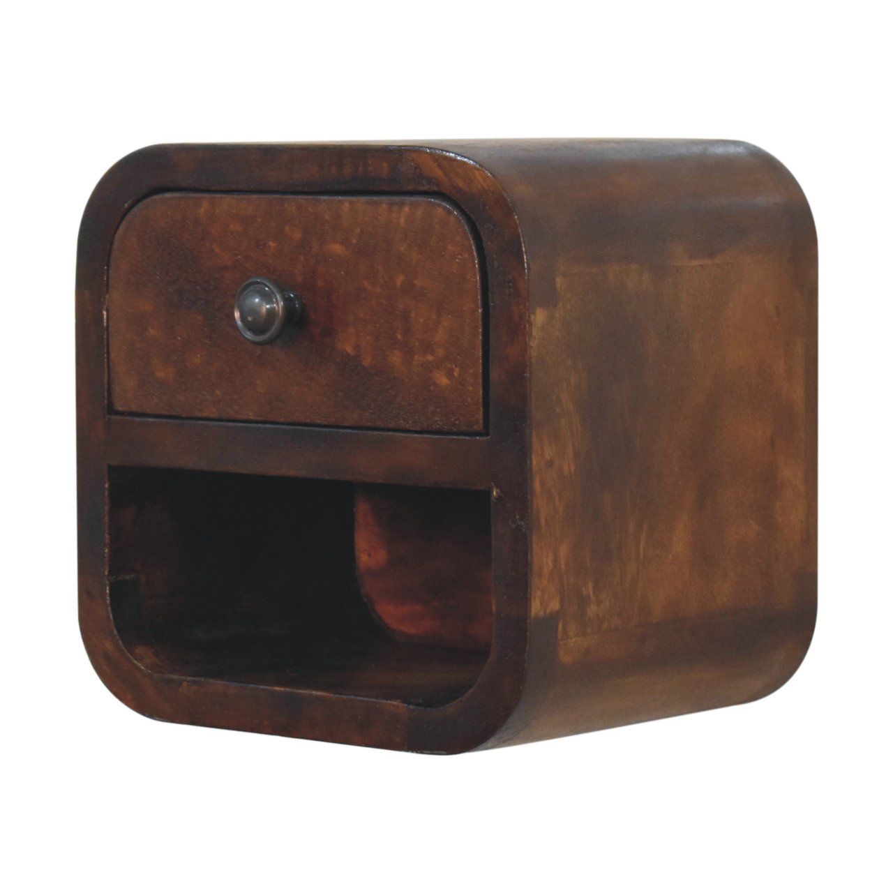 Space-Saving Solid Mango Wood Bedside Table – Chestnut Finish, Curved Edges
