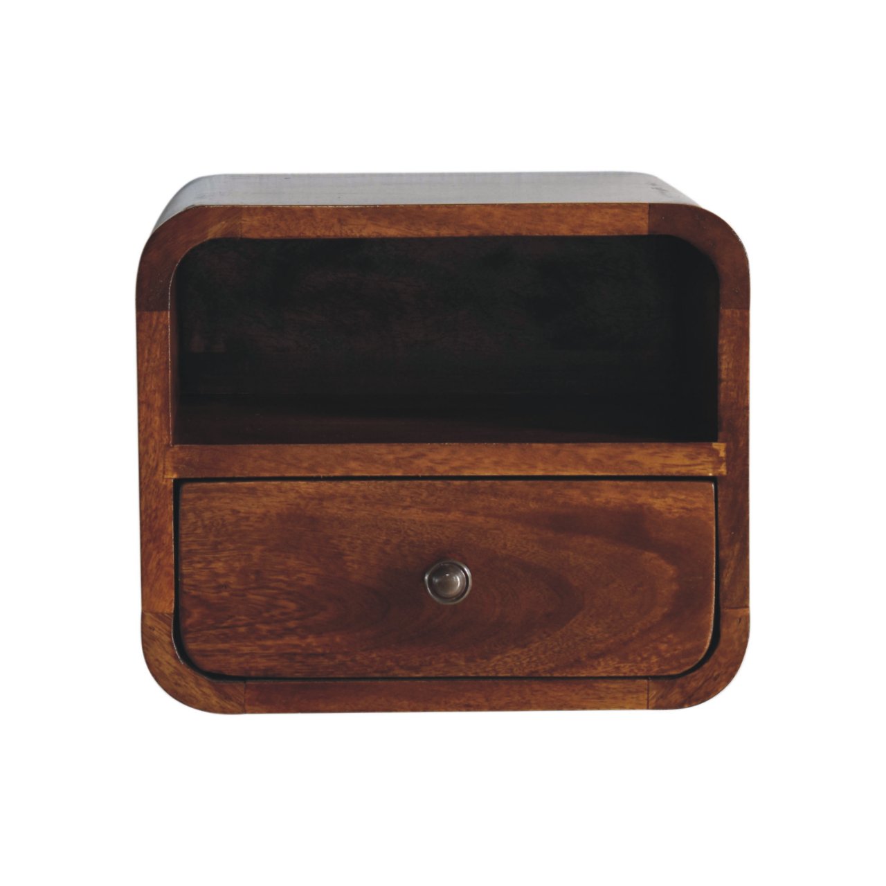 Modern Solid Mango Wood Wall-mounted Nightstand – Chestnut Finish, Curved Edges