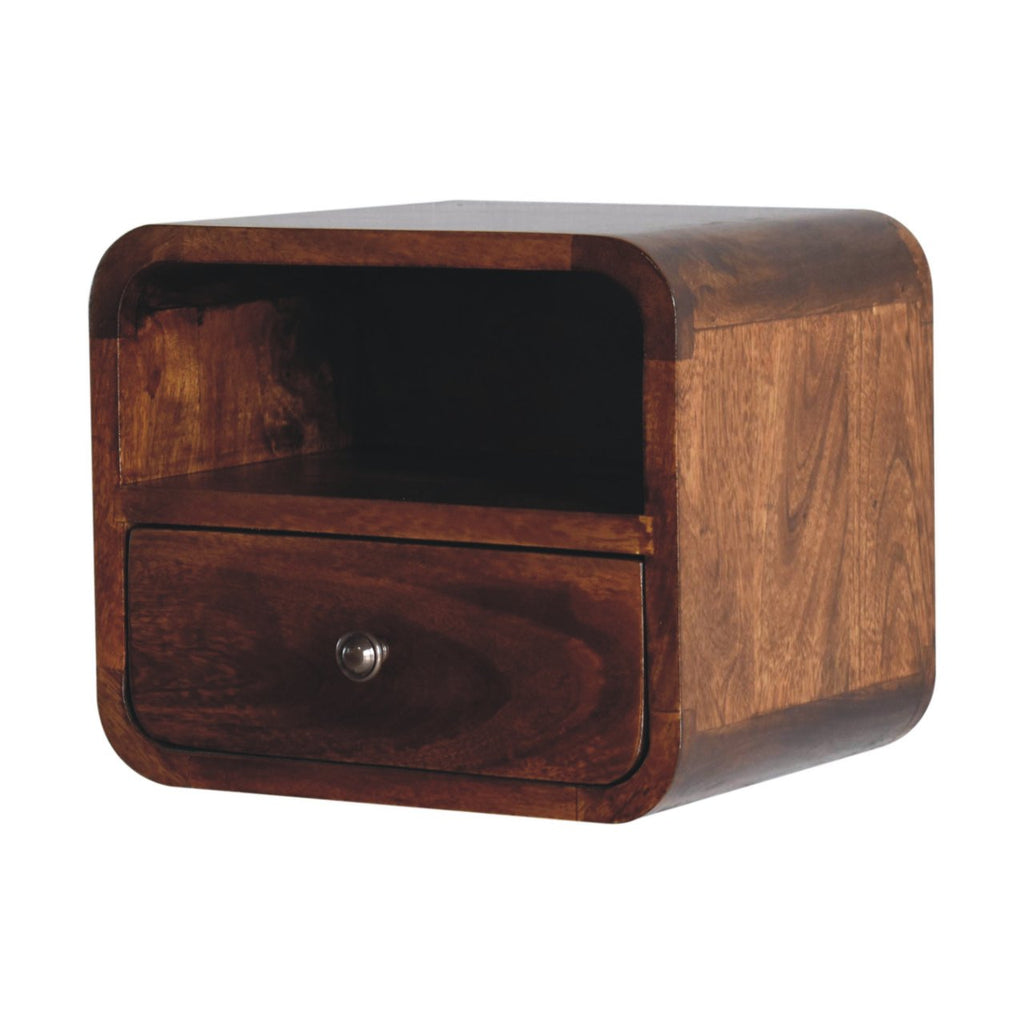 Modern Solid Mango Wood Wall-mounted Nightstand – Chestnut Finish, Curved Edges