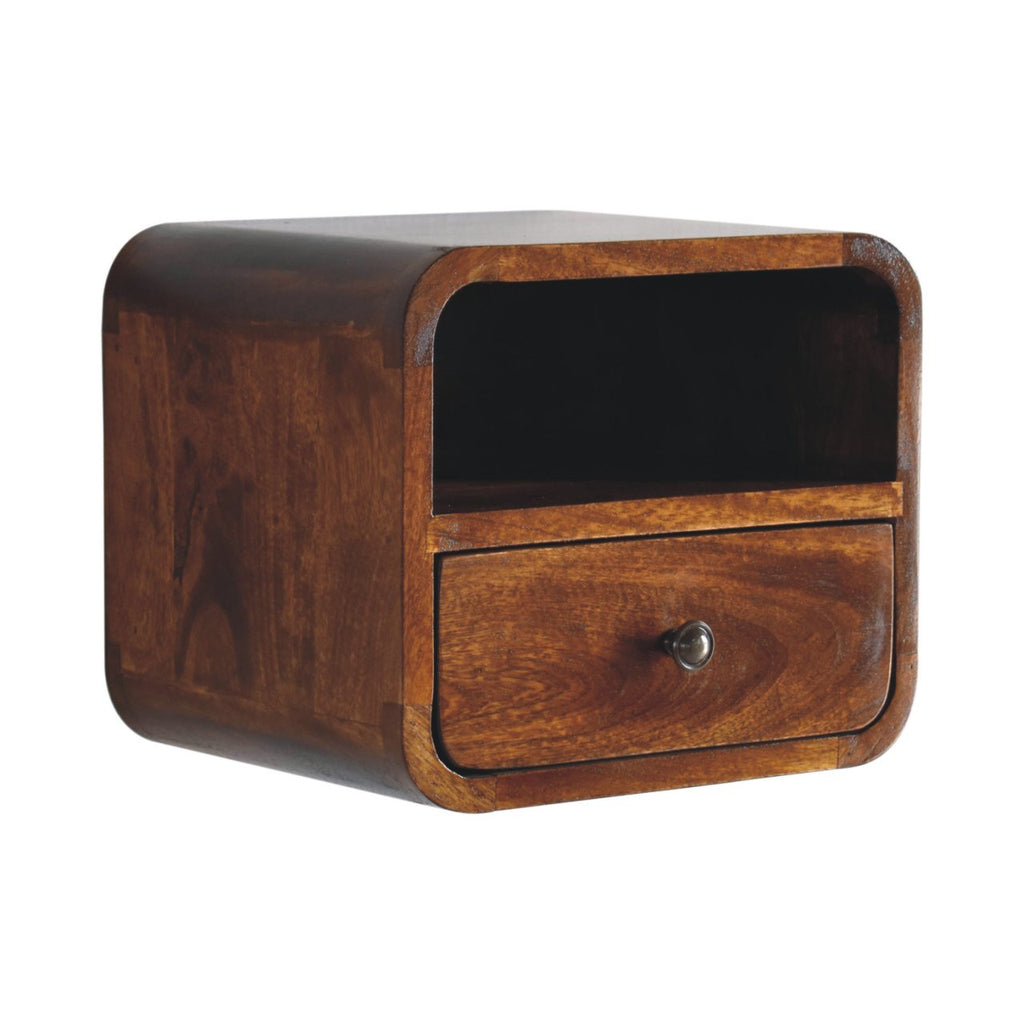 Modern Solid Mango Wood Wall-mounted Nightstand – Chestnut Finish, Curved Edges