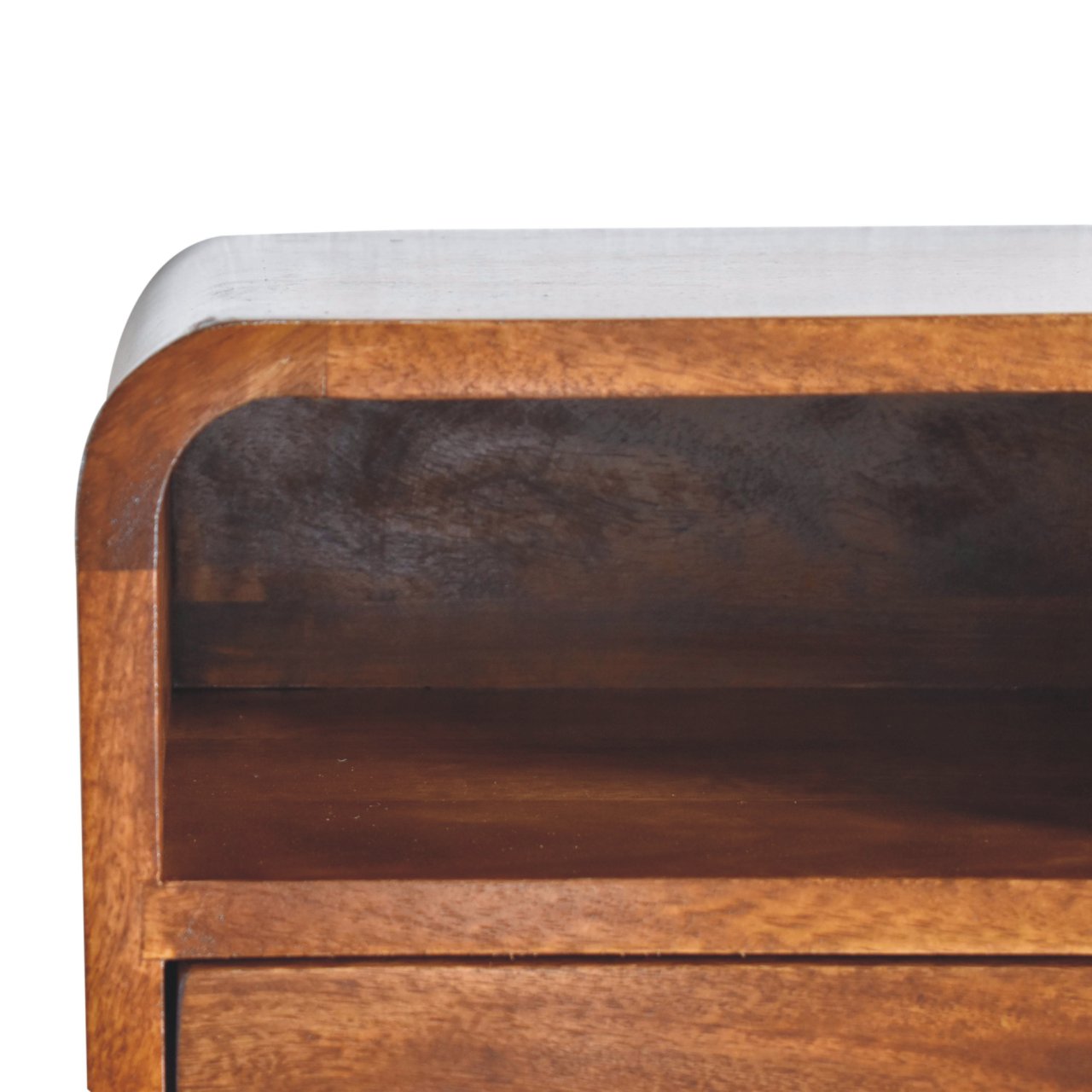 Modern Solid Mango Wood Wall-mounted Nightstand – Chestnut Finish, Curved Edges