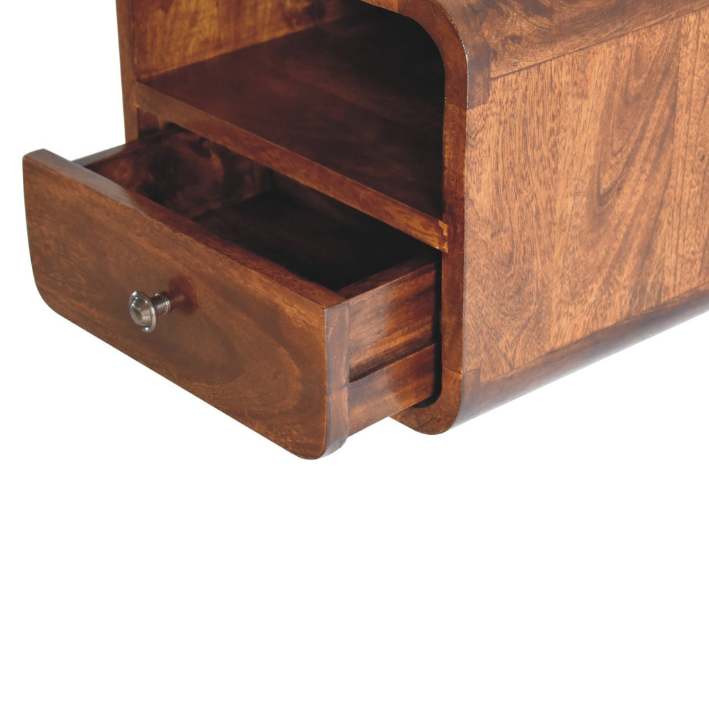 Modern Solid Mango Wood Wall-mounted Nightstand – Chestnut Finish, Curved Edges