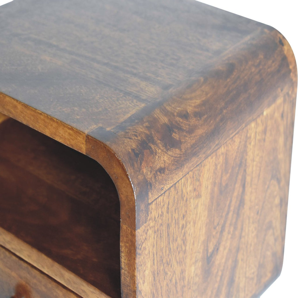 Modern Solid Mango Wood Wall-mounted Nightstand – Chestnut Finish, Curved Edges