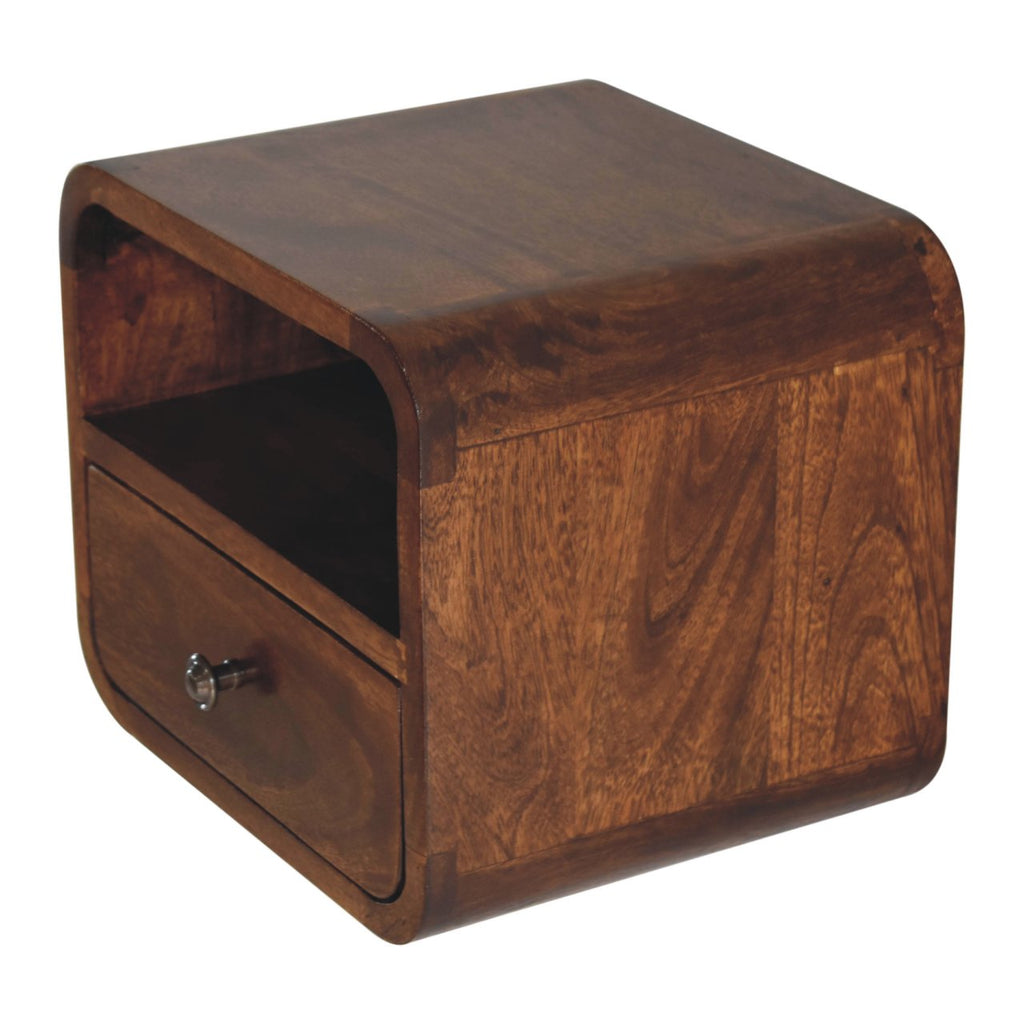 Modern Solid Mango Wood Wall-mounted Nightstand – Chestnut Finish, Curved Edges
