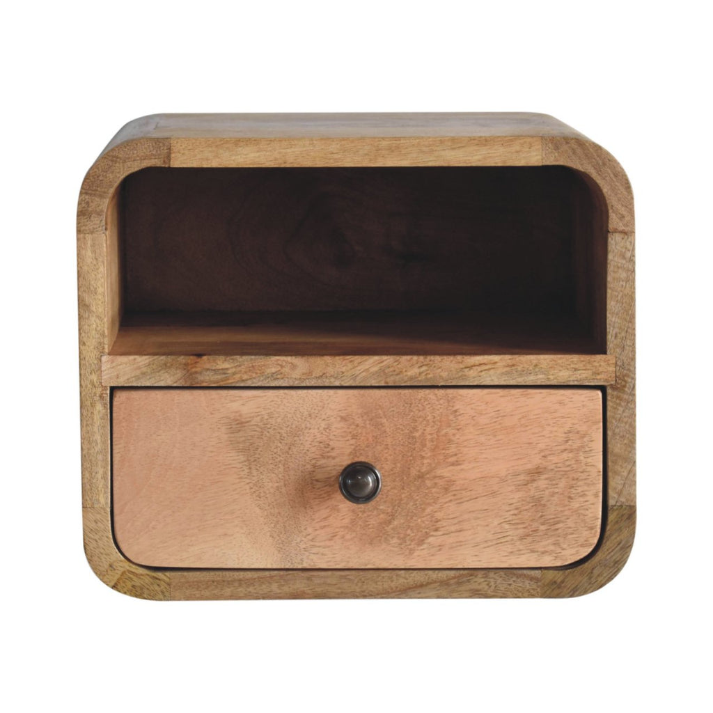 Modern Solid Mango Wood Wall-mounted Nightstand – Brown Finish, Curved Edges