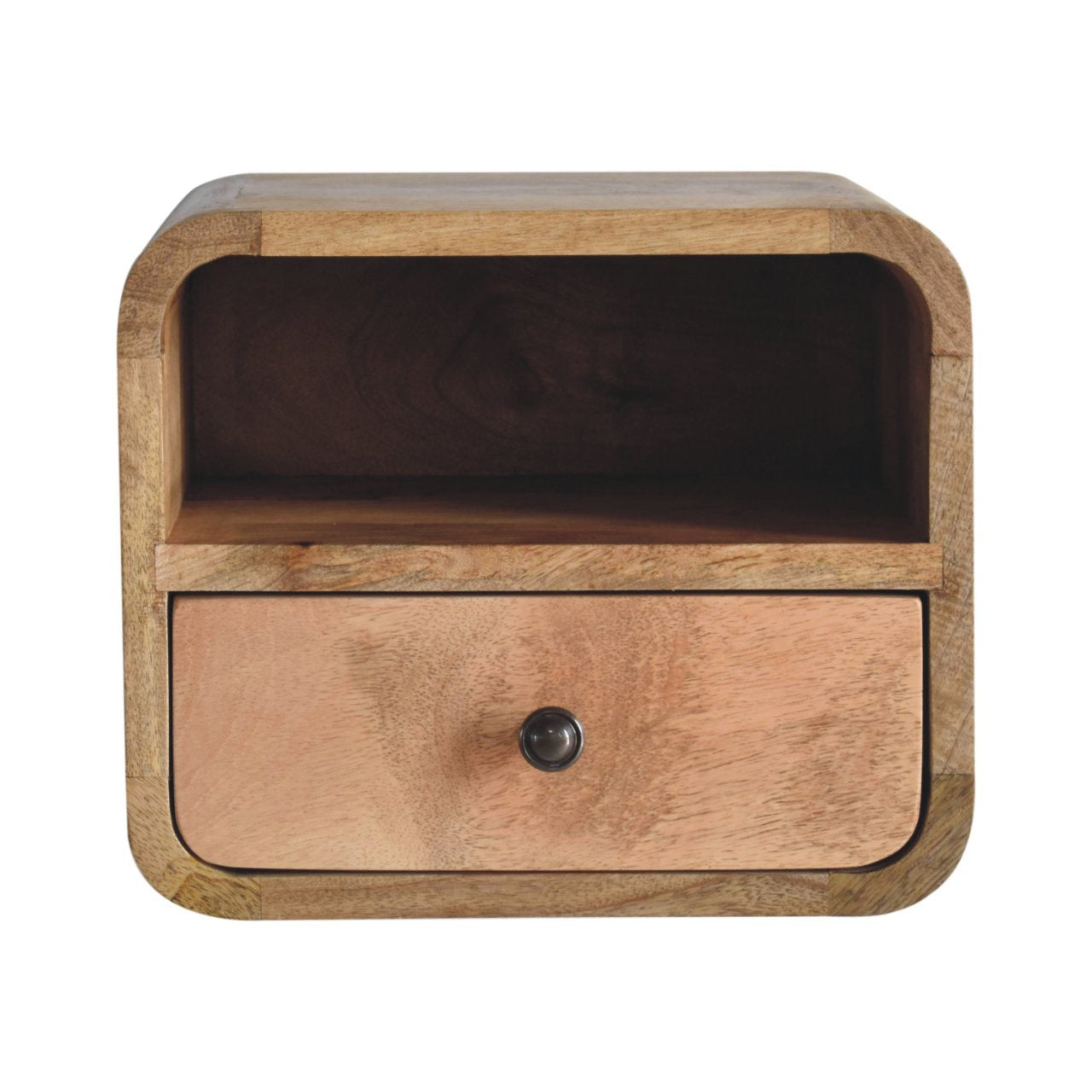 Modern Solid Mango Wood Wall-mounted Nightstand – Brown Finish, Curved Edges