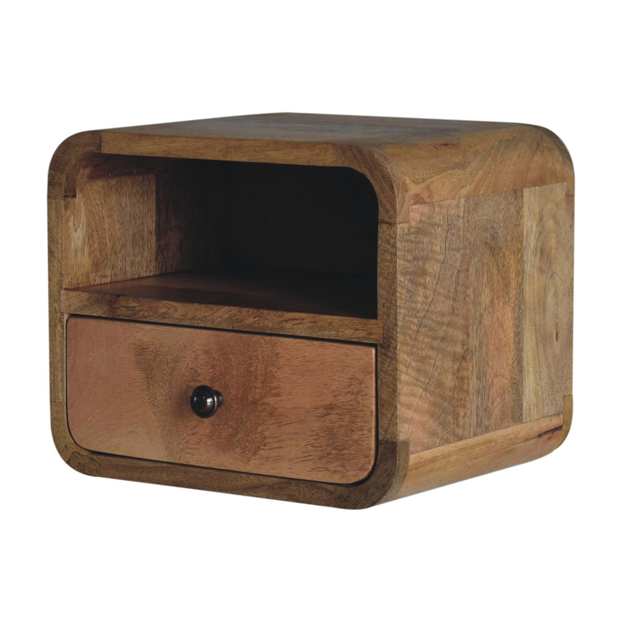Modern Solid Mango Wood Wall-mounted Nightstand – Brown Finish, Curved Edges