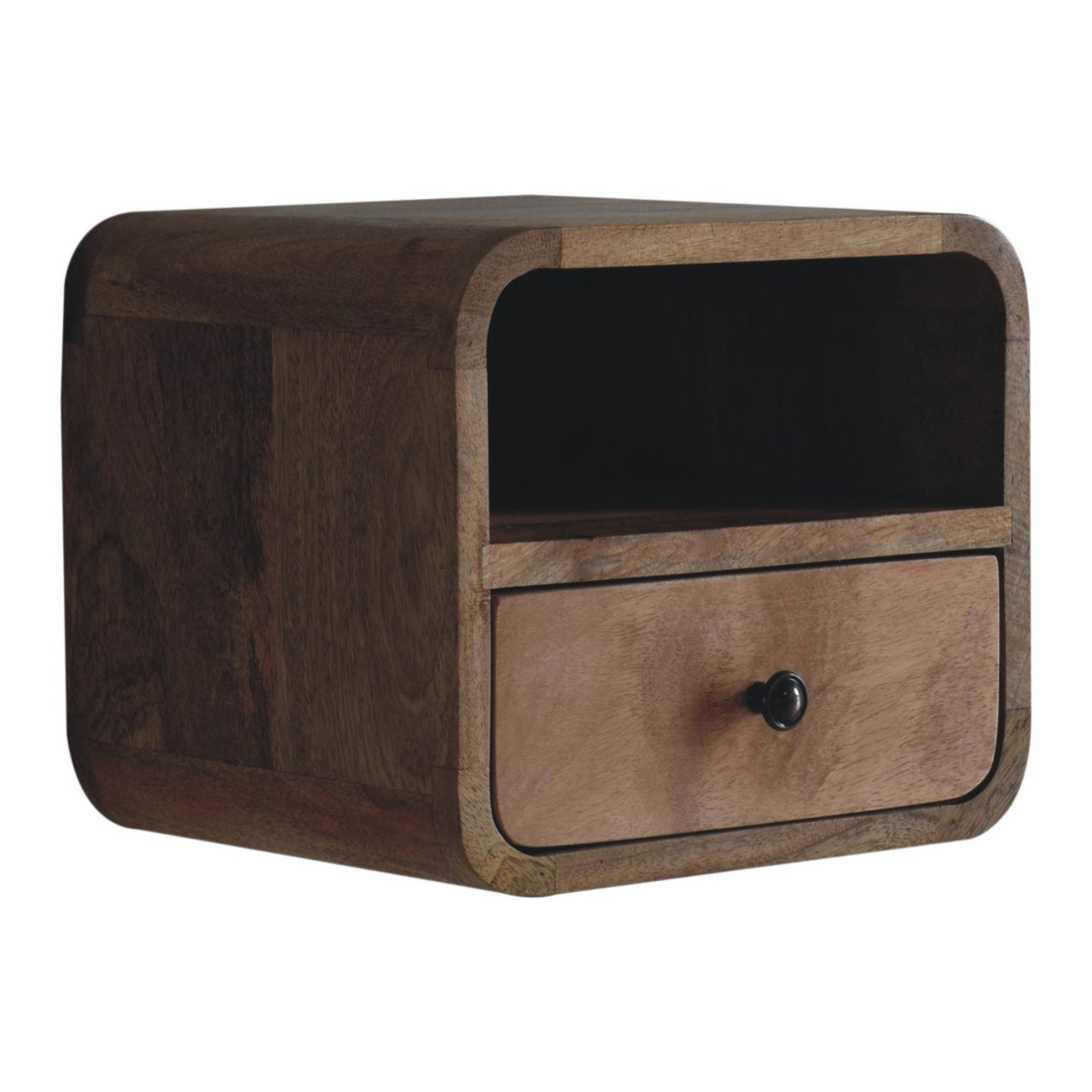 Modern Solid Mango Wood Wall-mounted Nightstand – Brown Finish, Curved Edges