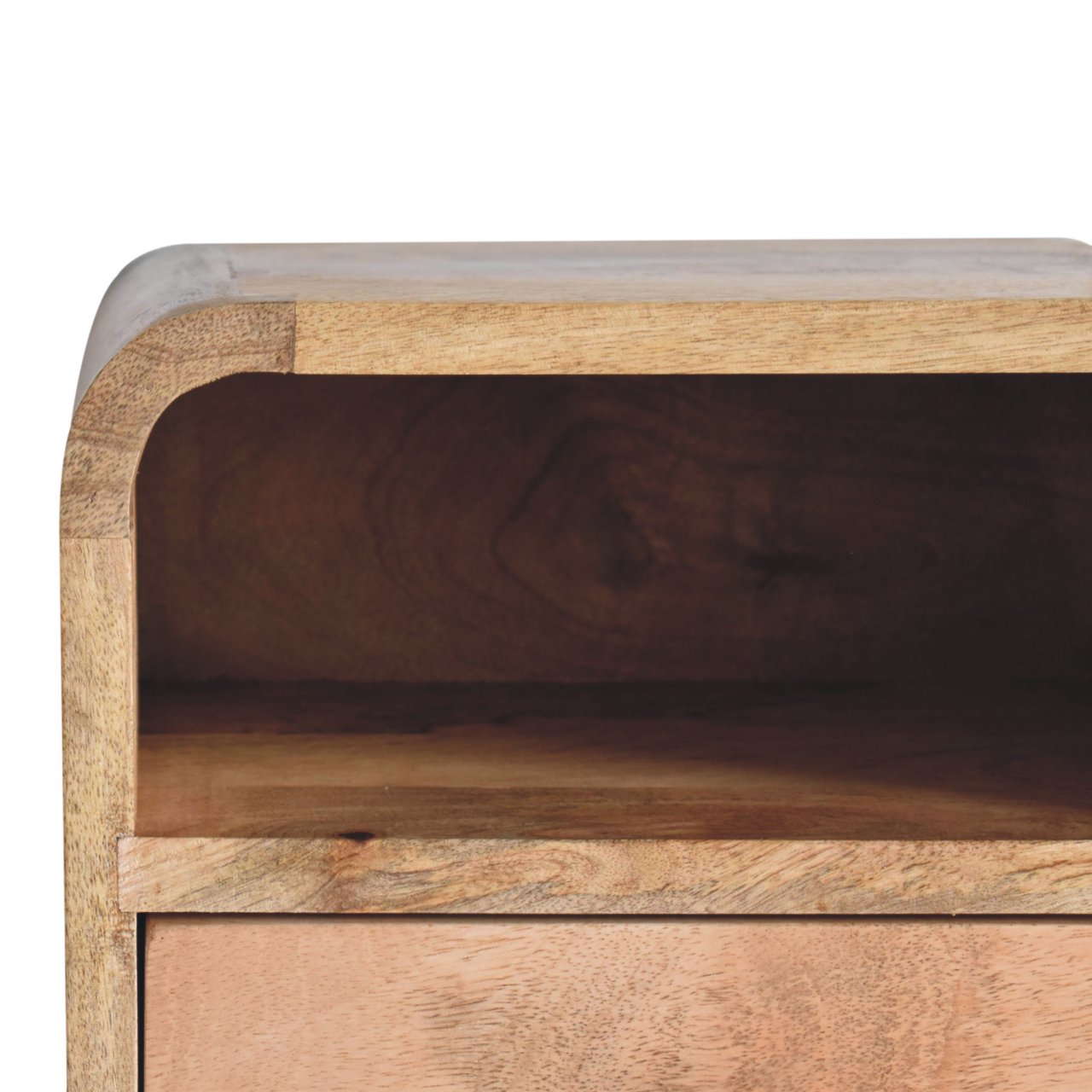 Modern Solid Mango Wood Wall-mounted Nightstand – Brown Finish, Curved Edges