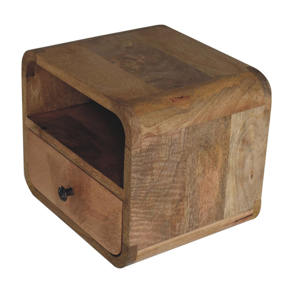 Modern Solid Mango Wood Wall-mounted Nightstand – Brown Finish, Curved Edges