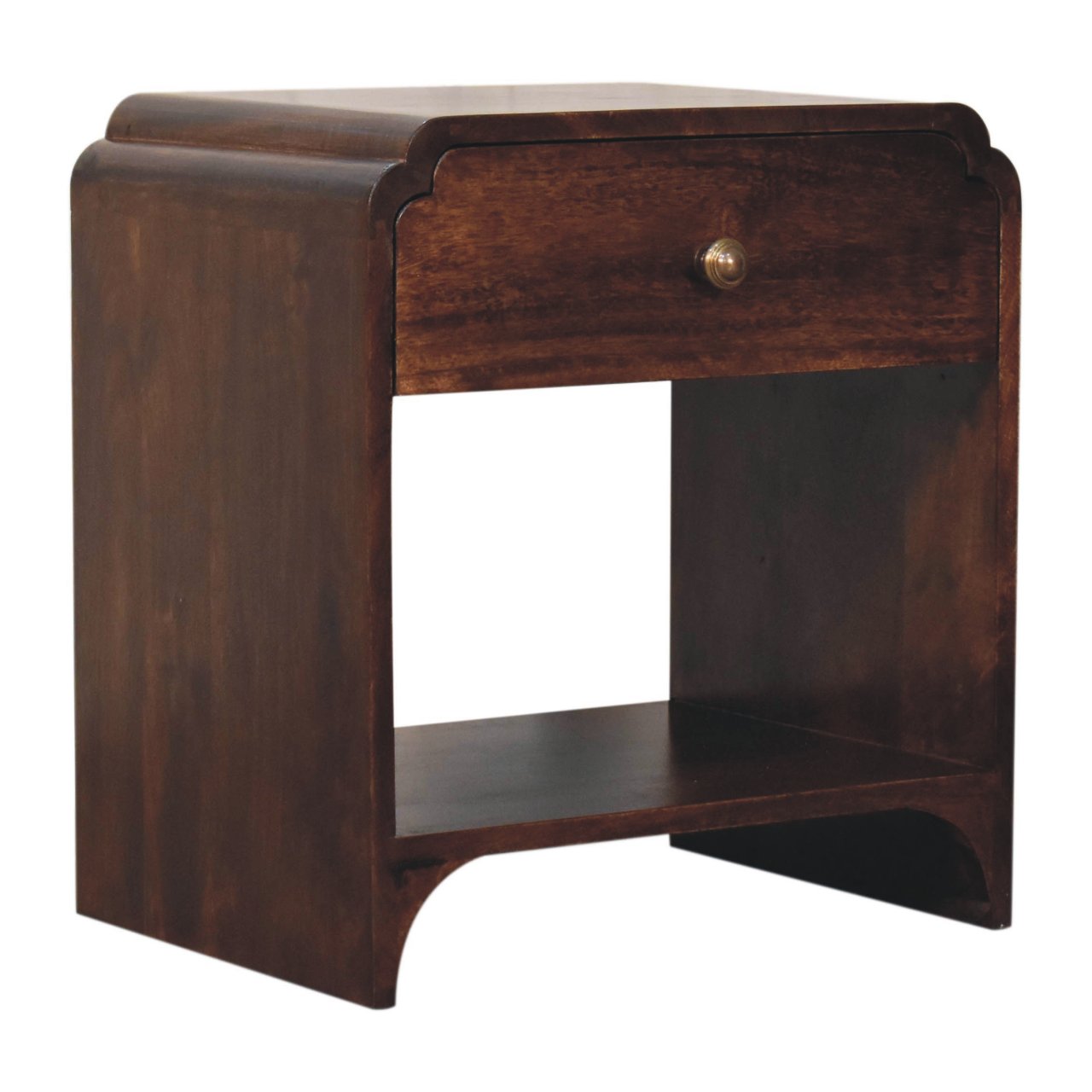 Handcrafted Solid Mango Wood Bedside Table – California Walnut Finish, Shelf and Drawer Storage