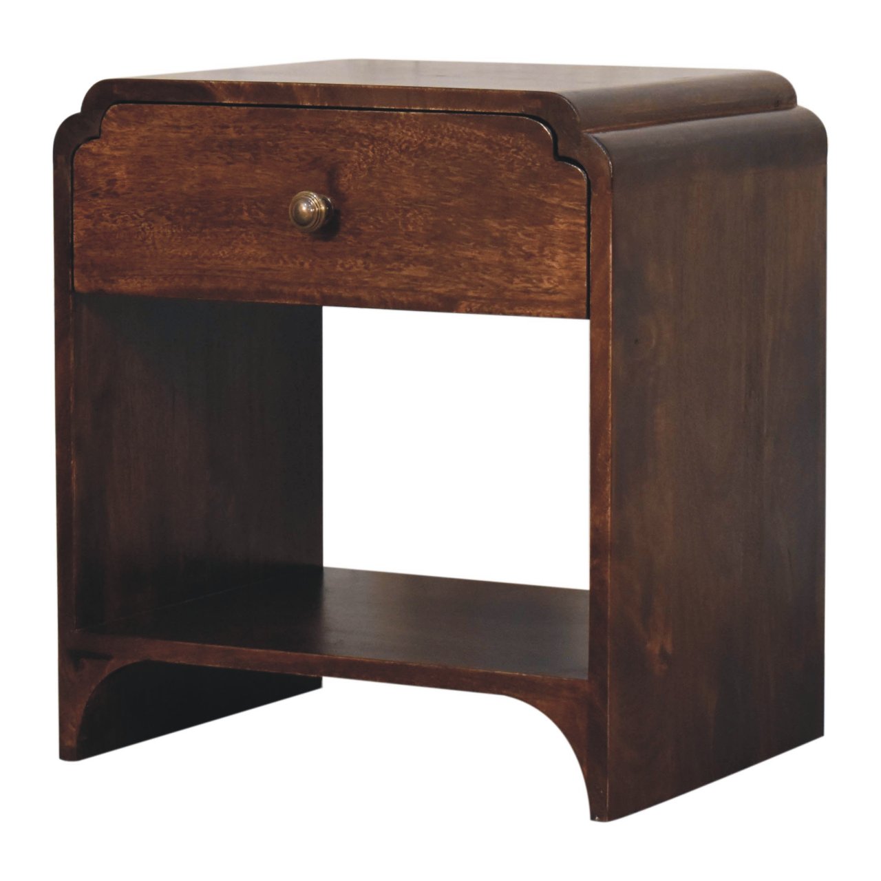 Handcrafted Solid Mango Wood Bedside Table – California Walnut Finish, Shelf and Drawer Storage