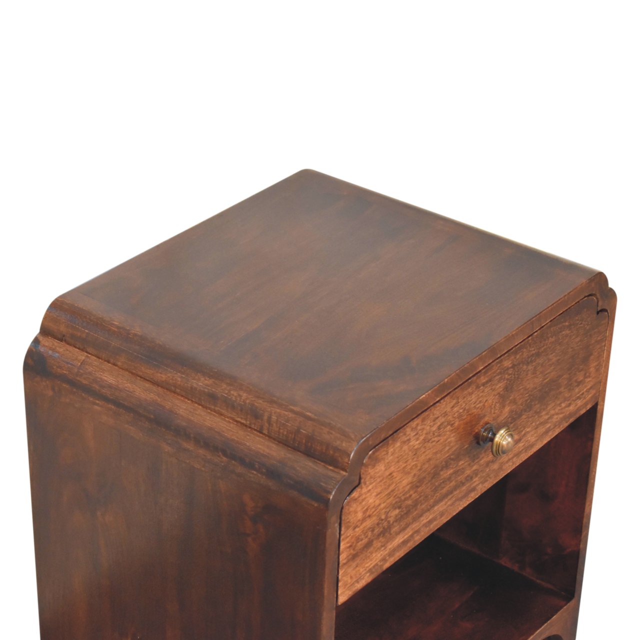 Handcrafted Solid Mango Wood Bedside Table – California Walnut Finish, Shelf and Drawer Storage