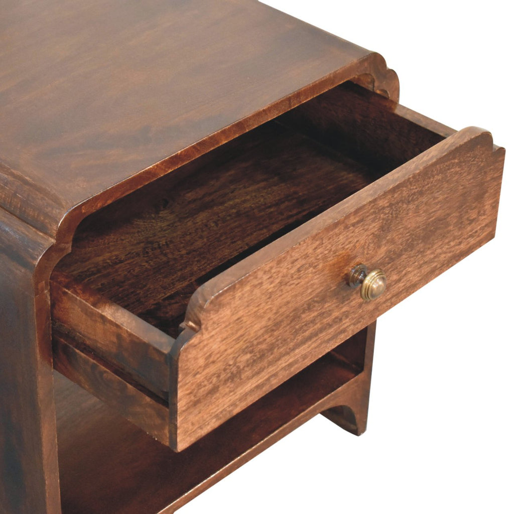 Handcrafted Solid Mango Wood Bedside Table – California Walnut Finish, Shelf and Drawer Storage