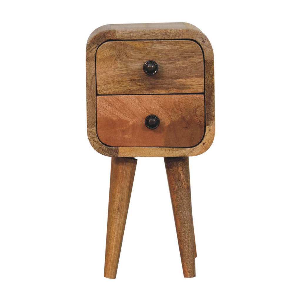 Compact Solid Mango Wood Bedside Table – Chestnut Finish, 2 Drawers (40x20x20cm)
