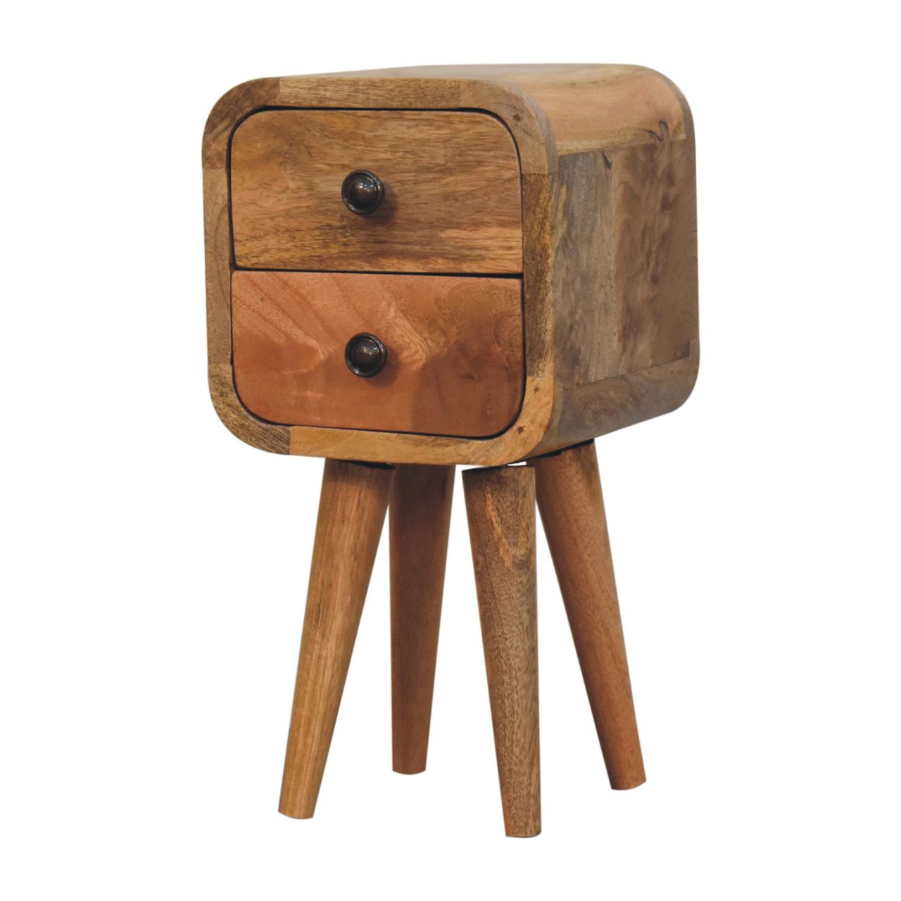 Compact Solid Mango Wood Bedside Table – Chestnut Finish, 2 Drawers (40x20x20cm)
