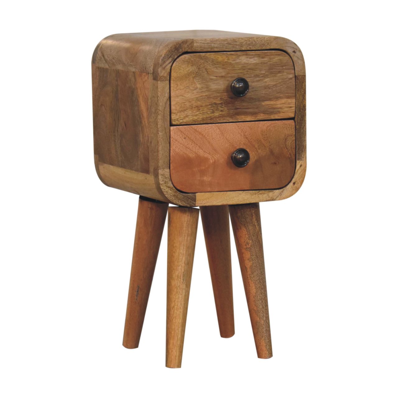 Compact Solid Mango Wood Bedside Table – Chestnut Finish, 2 Drawers (40x20x20cm)