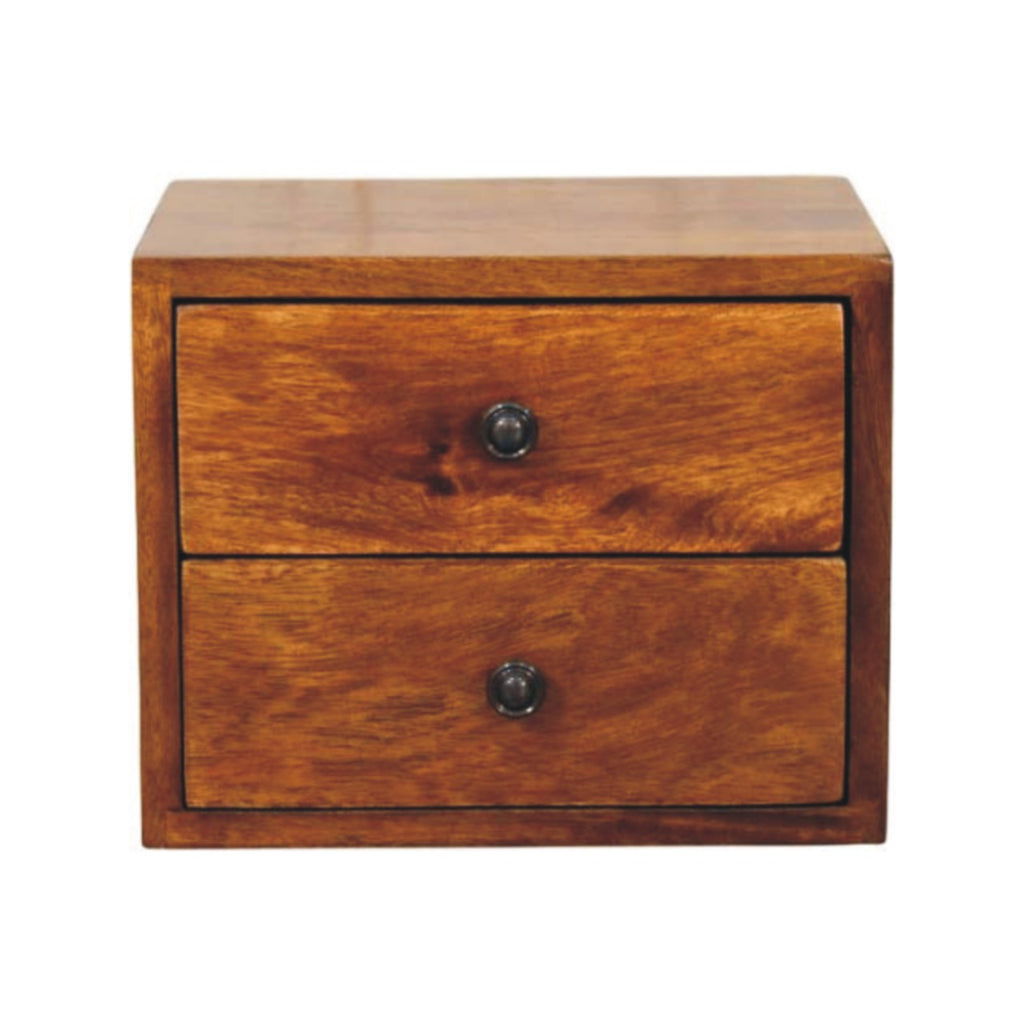 Floating Solid Mango Wood Wall-mounted Nightstand – Chestnut Finish, 2 Drawer Storage
