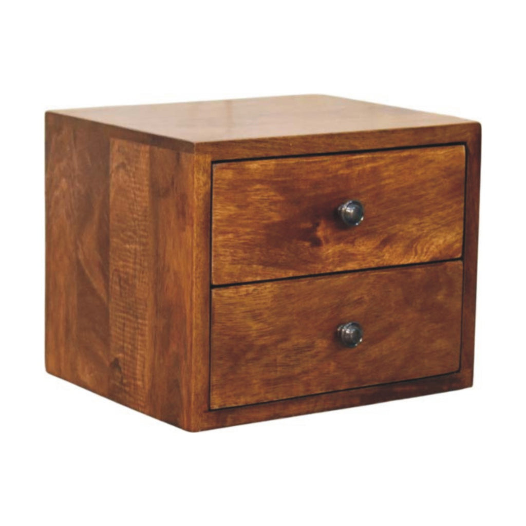 Floating Solid Mango Wood Wall-mounted Nightstand – Chestnut Finish, 2 Drawer Storage