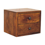 Floating Solid Mango Wood Wall-mounted Nightstand – Chestnut Finish, 2 Drawer Storage