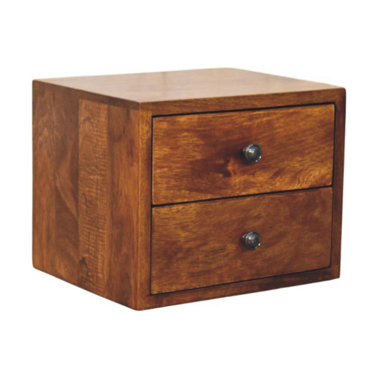 Floating Solid Mango Wood Wall-mounted Nightstand – Chestnut Finish, 2 Drawer Storage