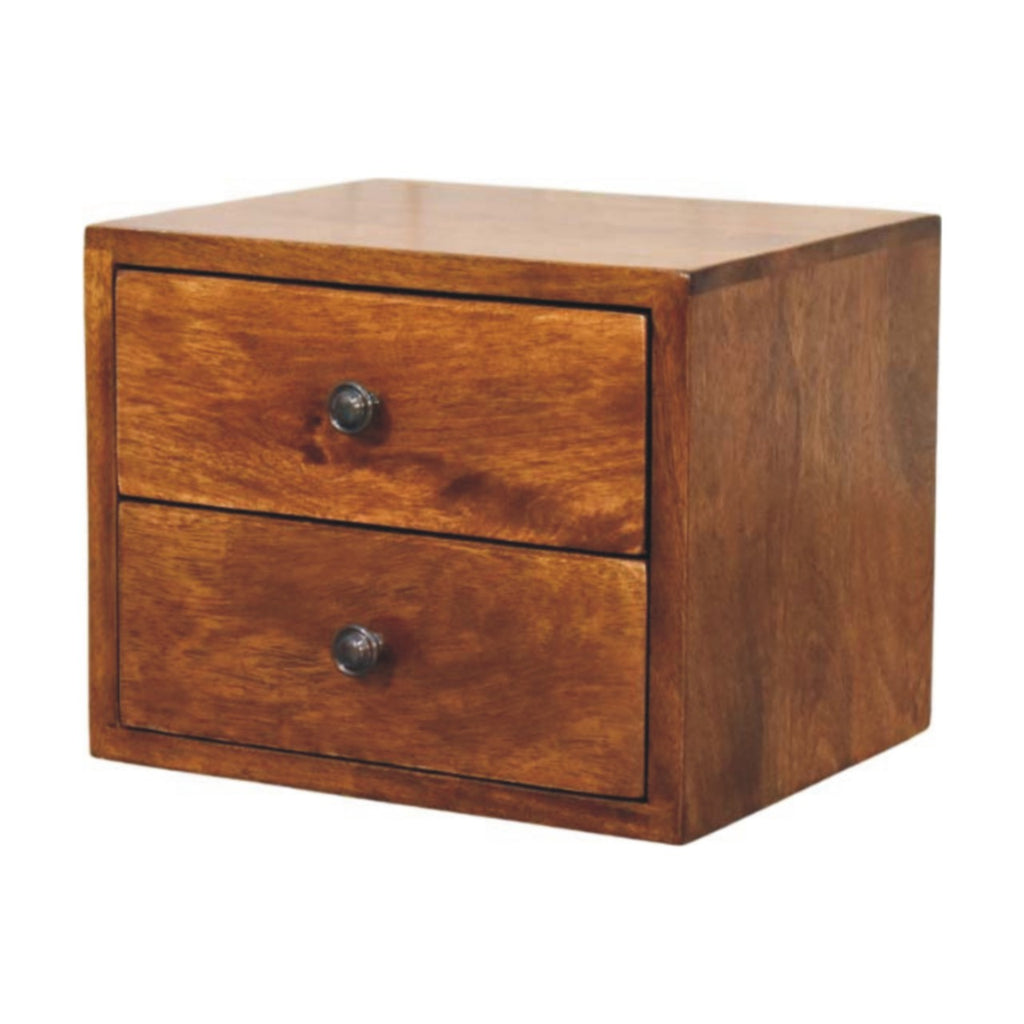 Floating Solid Mango Wood Wall-mounted Nightstand – Chestnut Finish, 2 Drawer Storage