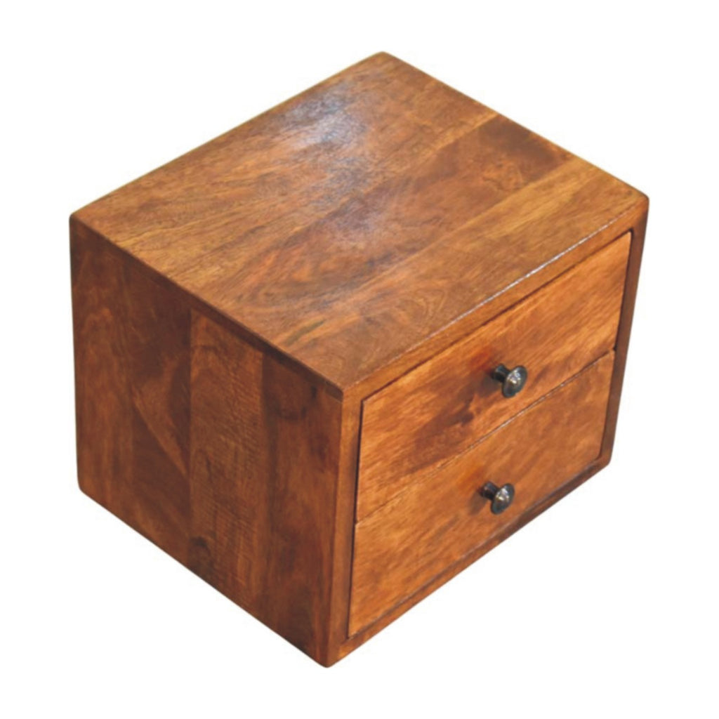 Floating Solid Mango Wood Wall-mounted Nightstand – Chestnut Finish, 2 Drawer Storage