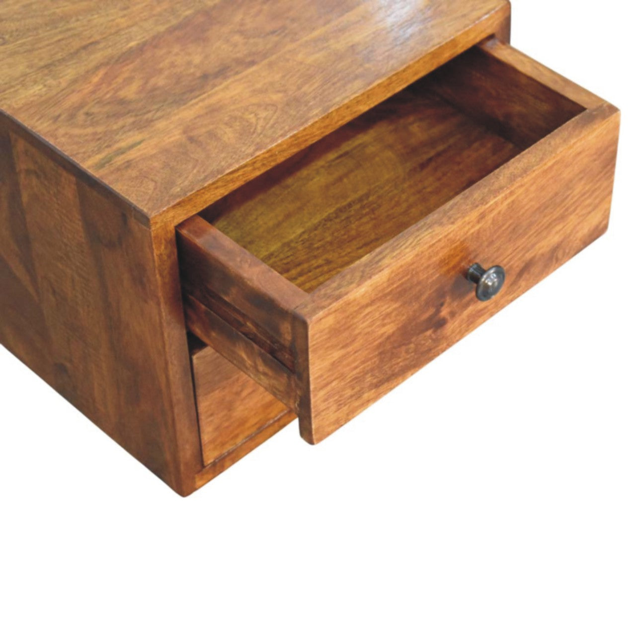 Floating Solid Mango Wood Wall-mounted Nightstand – Chestnut Finish, 2 Drawer Storage