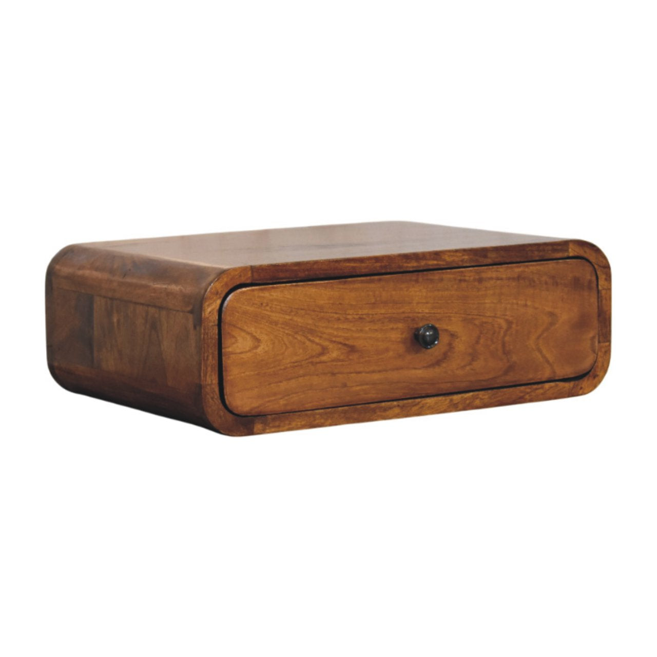 Modern Solid Mango Wood Wall-mounted Nightstand – Chestnut Finish, Rounded Silhouette