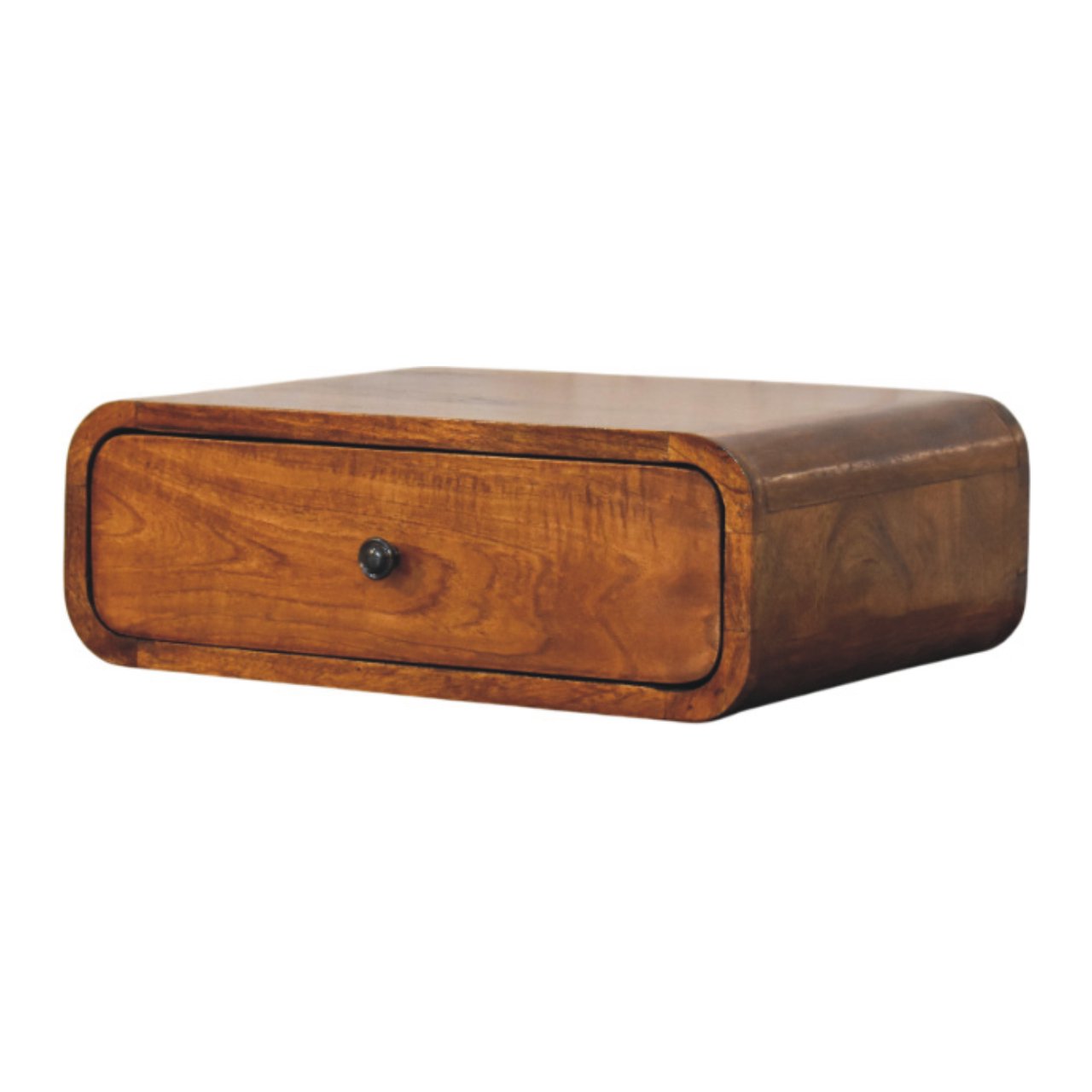 Modern Solid Mango Wood Wall-mounted Nightstand – Chestnut Finish, Rounded Silhouette