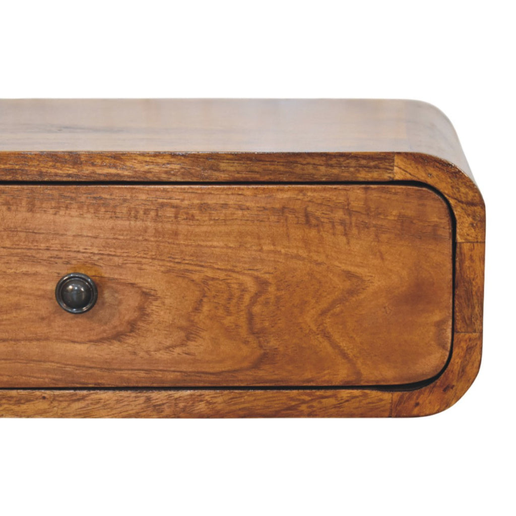 Modern Solid Mango Wood Wall-mounted Nightstand – Chestnut Finish, Rounded Silhouette