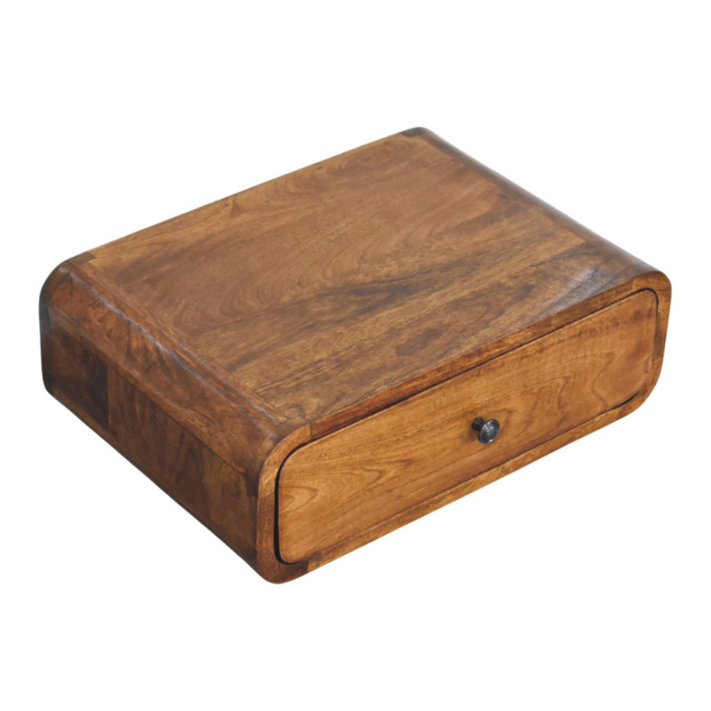 Modern Solid Mango Wood Wall-mounted Nightstand – Chestnut Finish, Rounded Silhouette