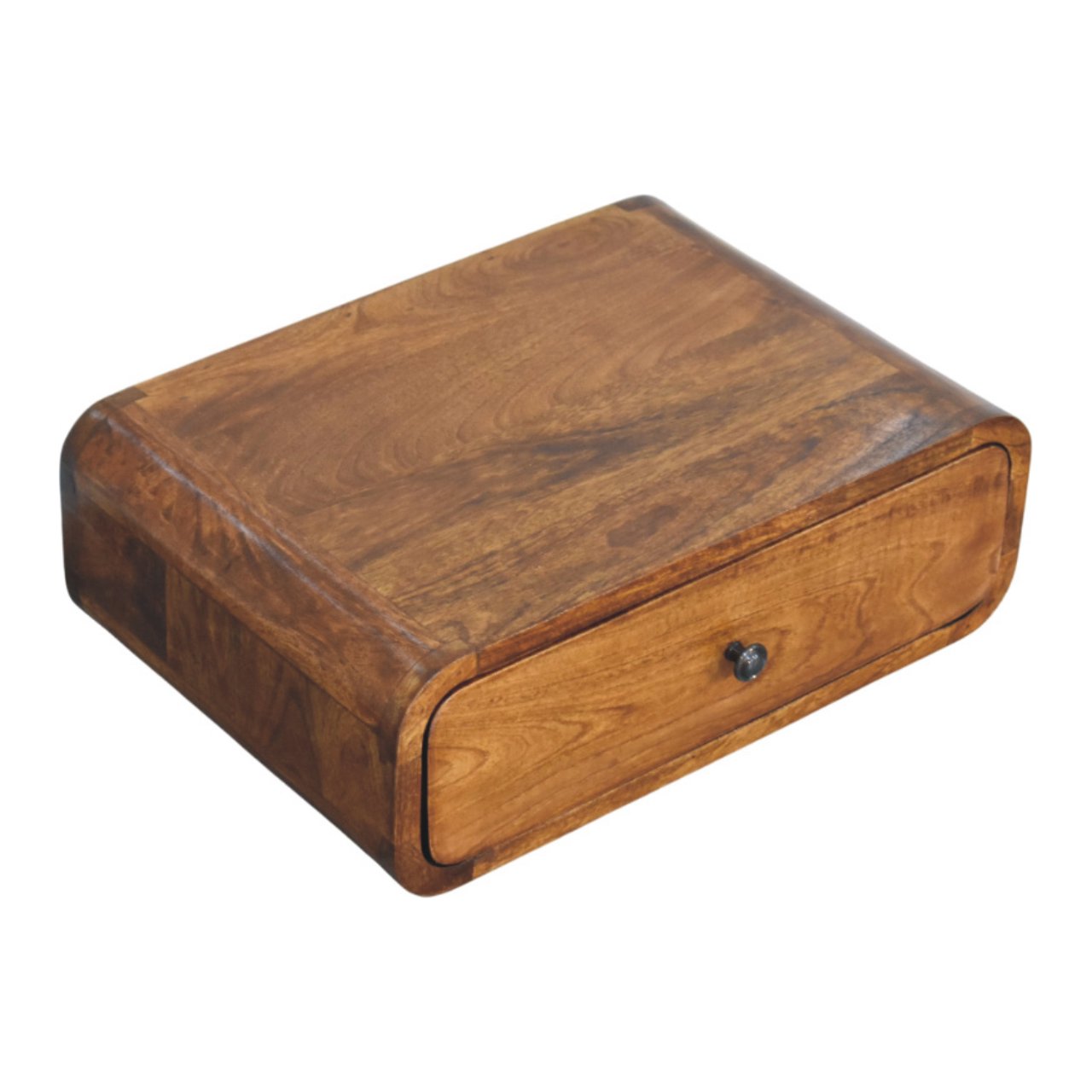 Modern Solid Mango Wood Wall-mounted Nightstand – Chestnut Finish, Rounded Silhouette