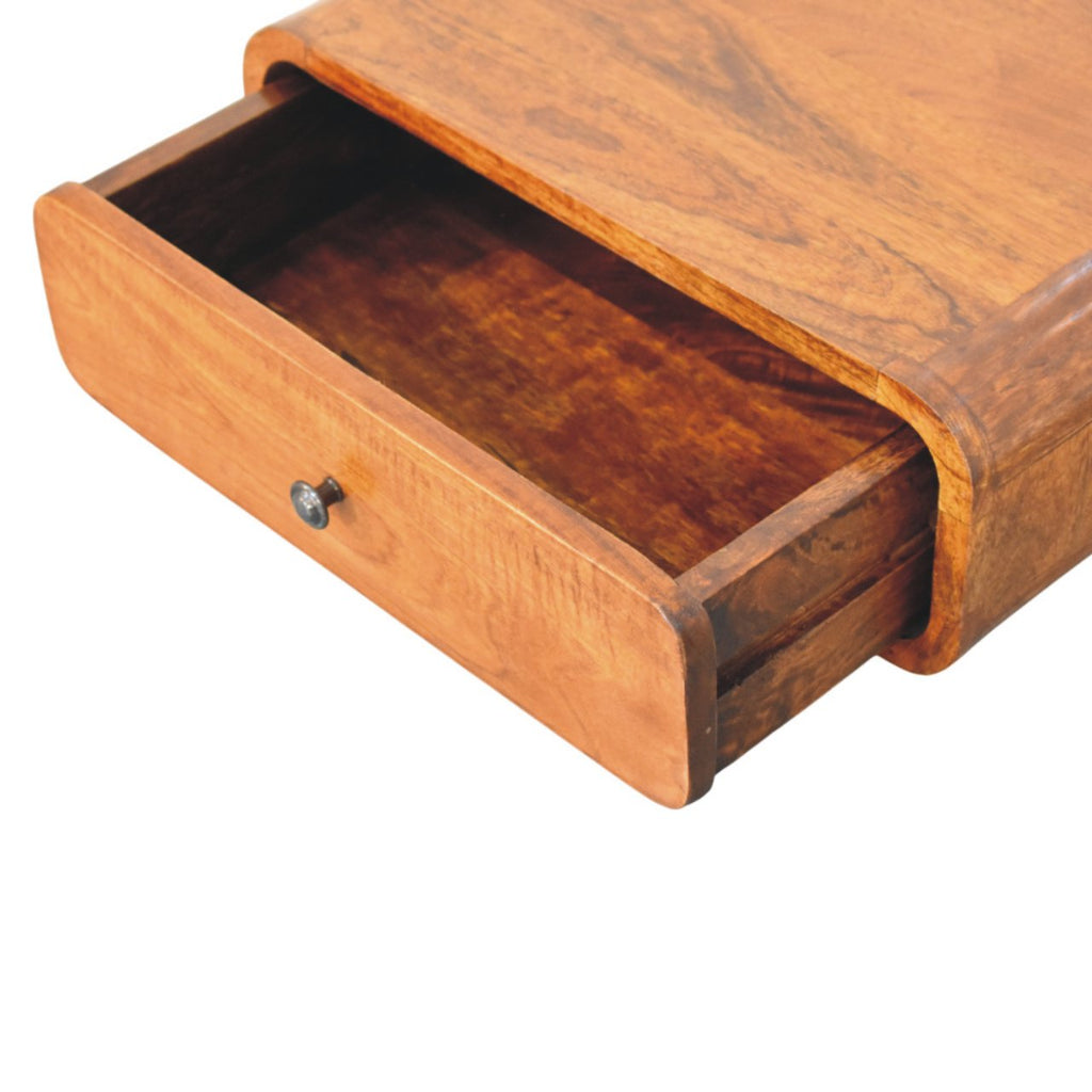 Modern Solid Mango Wood Wall-mounted Nightstand – Chestnut Finish, Rounded Silhouette