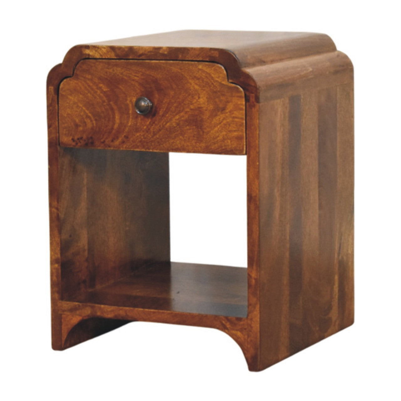 Contemporary Solid Mango Wood Bedside Table – Chestnut Finish, Scalloped Detailing