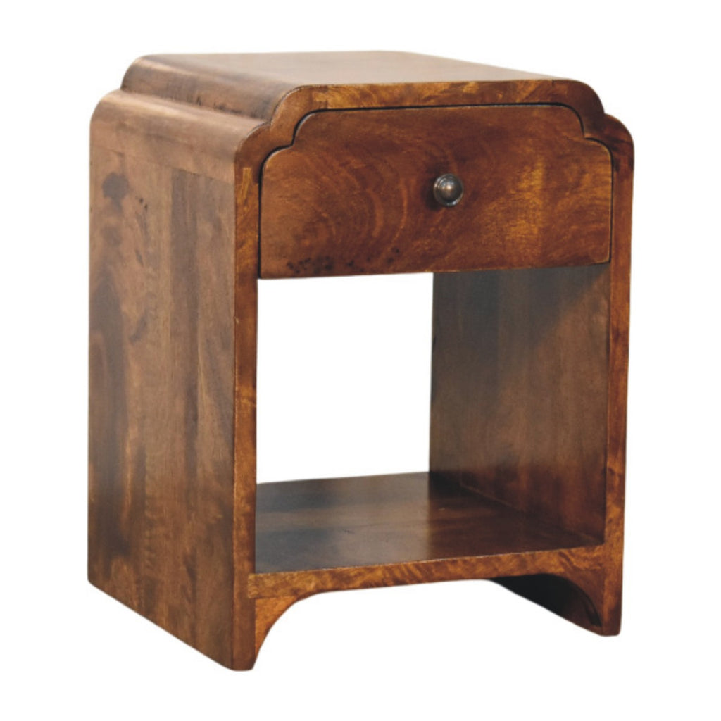 Contemporary Solid Mango Wood Bedside Table – Chestnut Finish, Scalloped Detailing