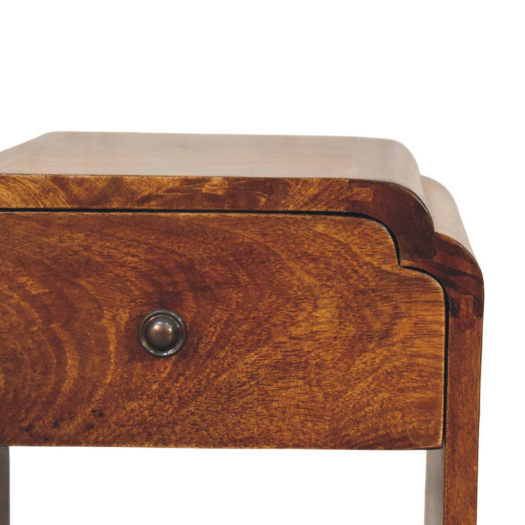Contemporary Solid Mango Wood Bedside Table – Chestnut Finish, Scalloped Detailing