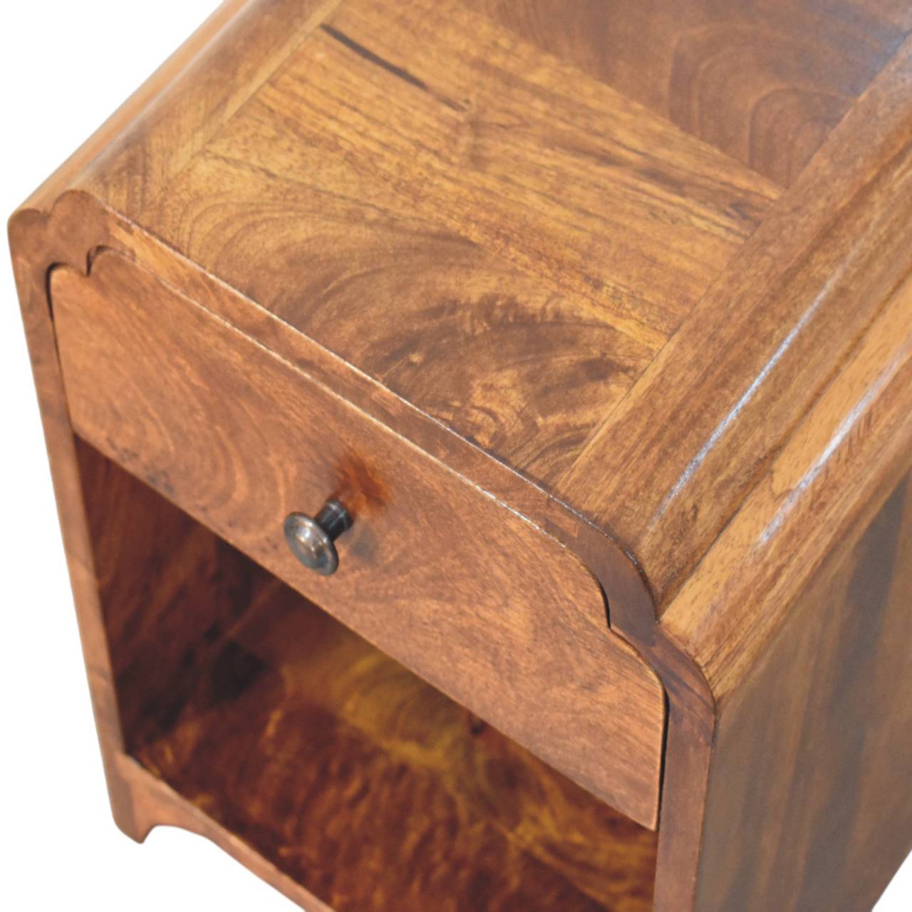 Contemporary Solid Mango Wood Bedside Table – Chestnut Finish, Scalloped Detailing