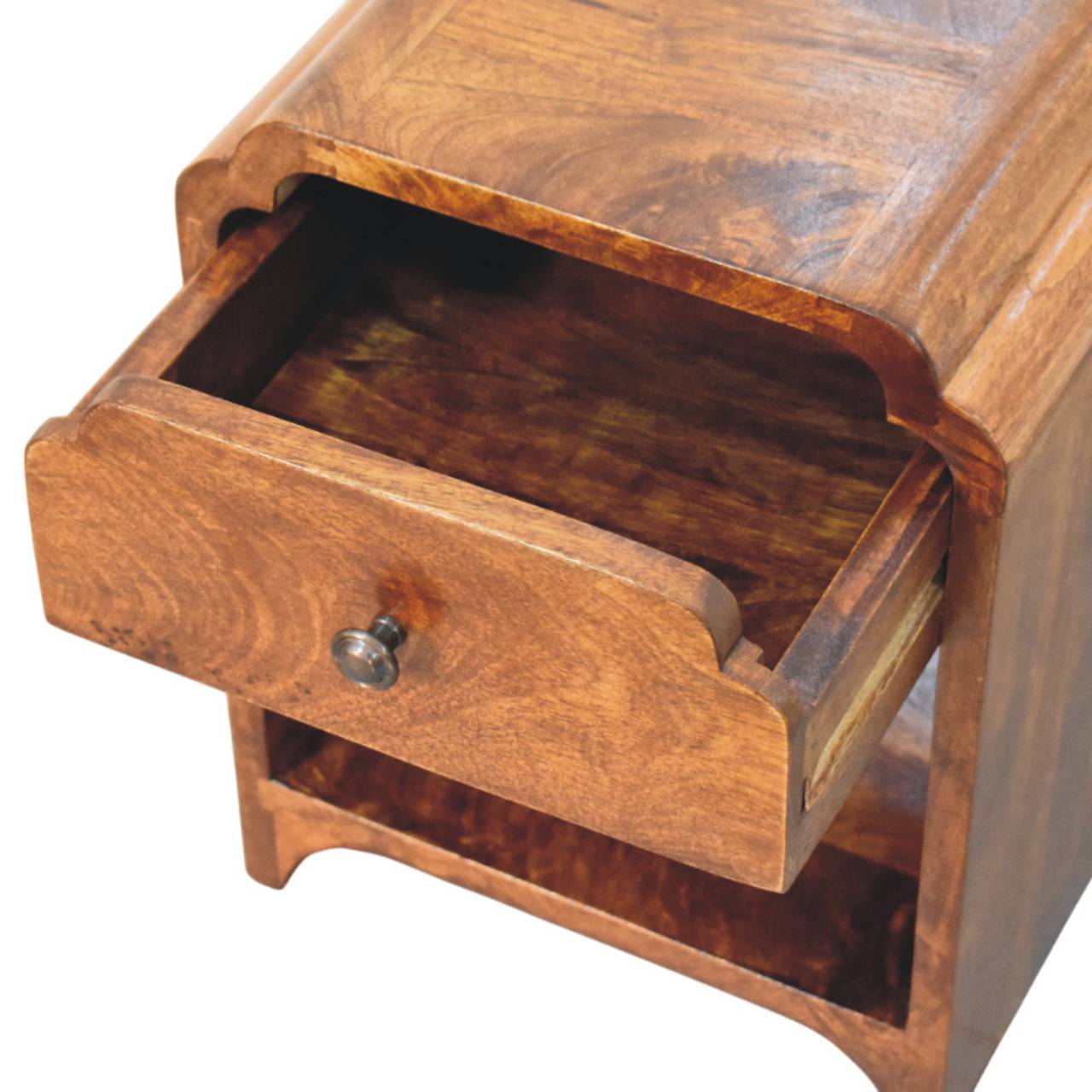 Contemporary Solid Mango Wood Bedside Table – Chestnut Finish, Scalloped Detailing