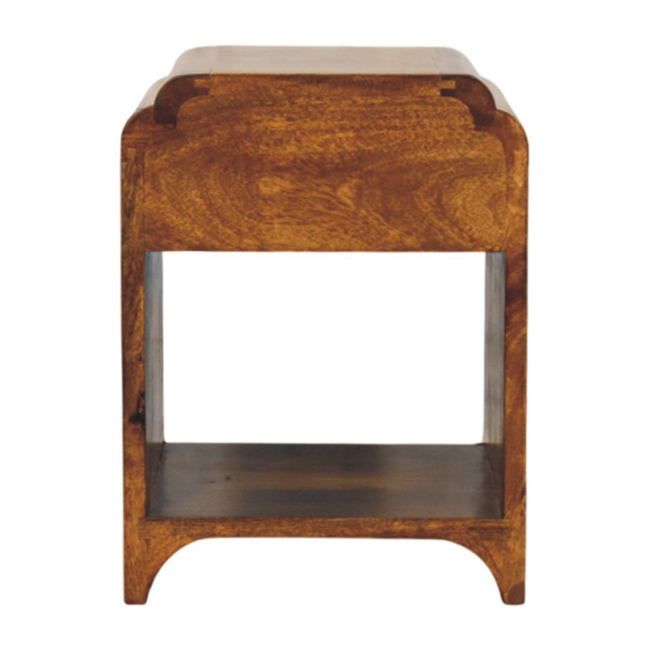Contemporary Solid Mango Wood Bedside Table – Chestnut Finish, Scalloped Detailing