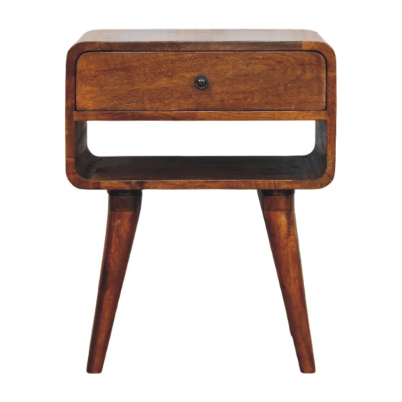 Handcrafted Solid Mango Wood Bedside Table – Chestnut Finish, Brass Knob Drawer