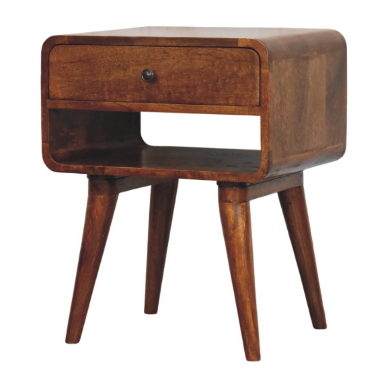 Handcrafted Solid Mango Wood Bedside Table – Chestnut Finish, Brass Knob Drawer