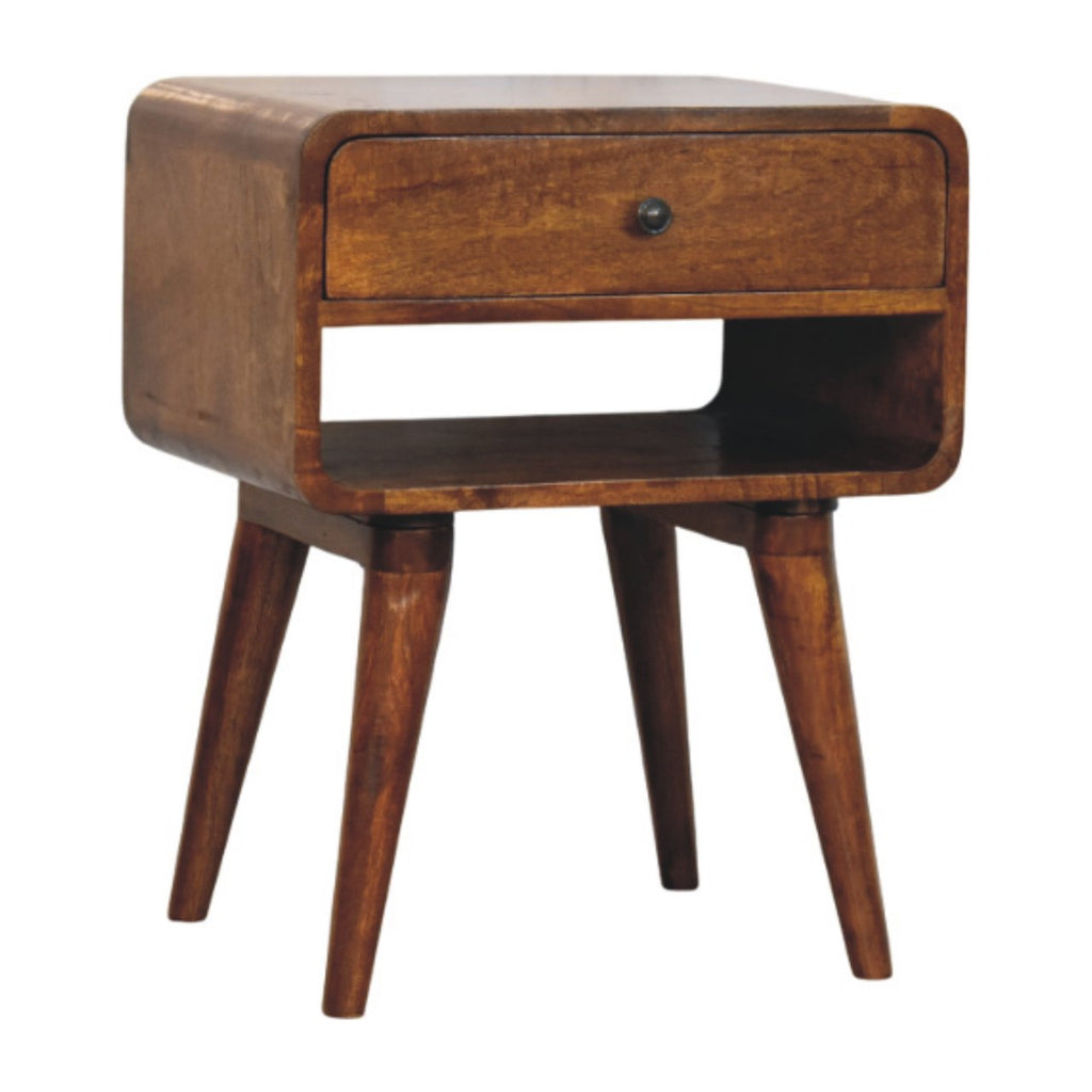 Handcrafted Solid Mango Wood Bedside Table – Chestnut Finish, Brass Knob Drawer